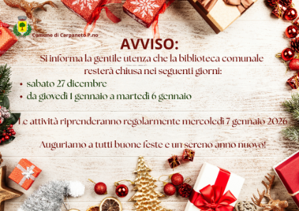 Chiusura al Pubblico Biblioteca periodo di Natale 2025